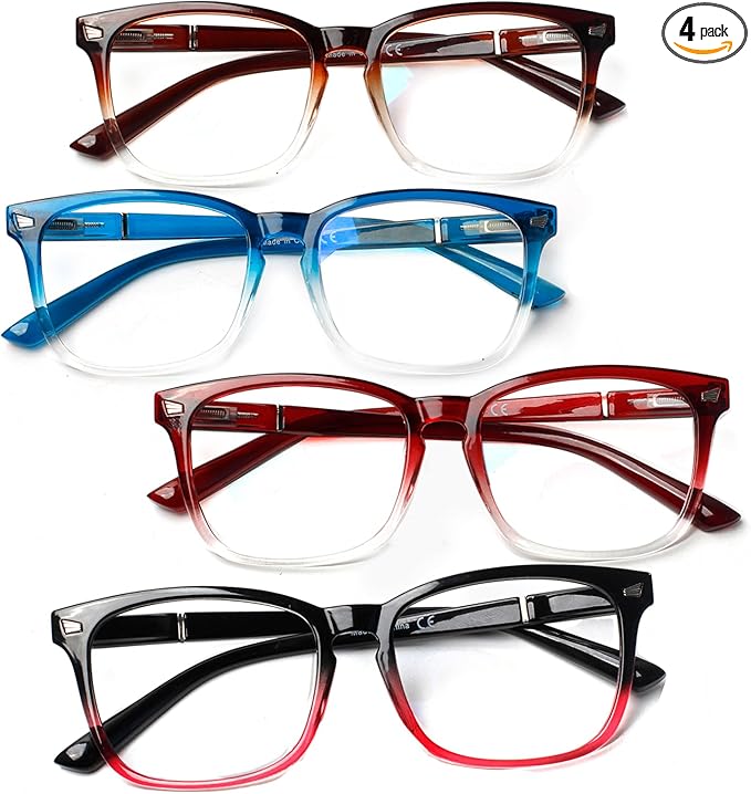 Henotin 4-Pack Blue Light Blocking Reading Glasses Women Men,Spring Hinge Computer Readers,Anti UV Ray Square Nerd Eyeglasses (Mixed Color-A, 2.50)
