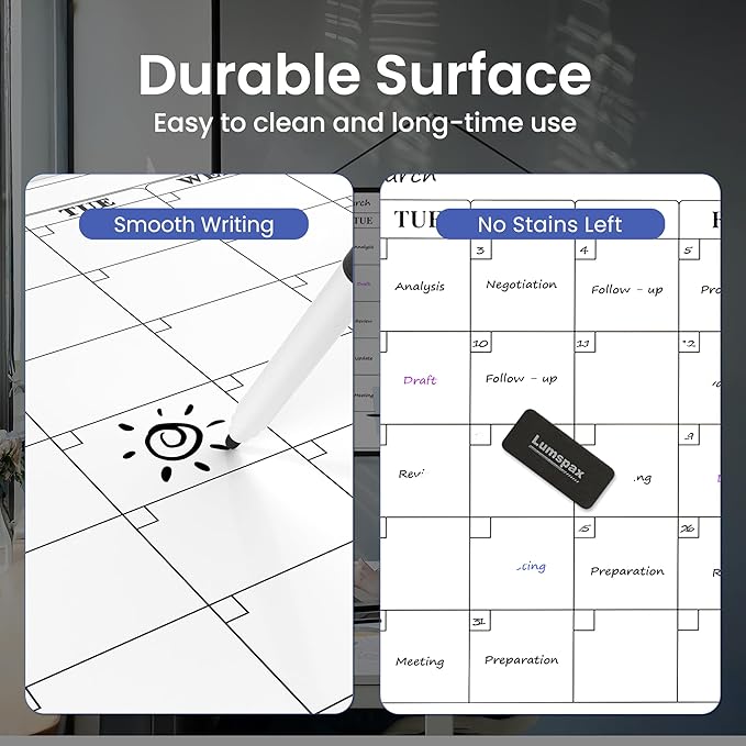 Monthly Whiteboard Calendar for Wall, 24" x 18" Dry Erase Board with Plastic Frame, Hanging Dry Erase Calendar with 3 Mini Sticky Notes for Kitchen Planner, Memo, Home and Office, Colorful