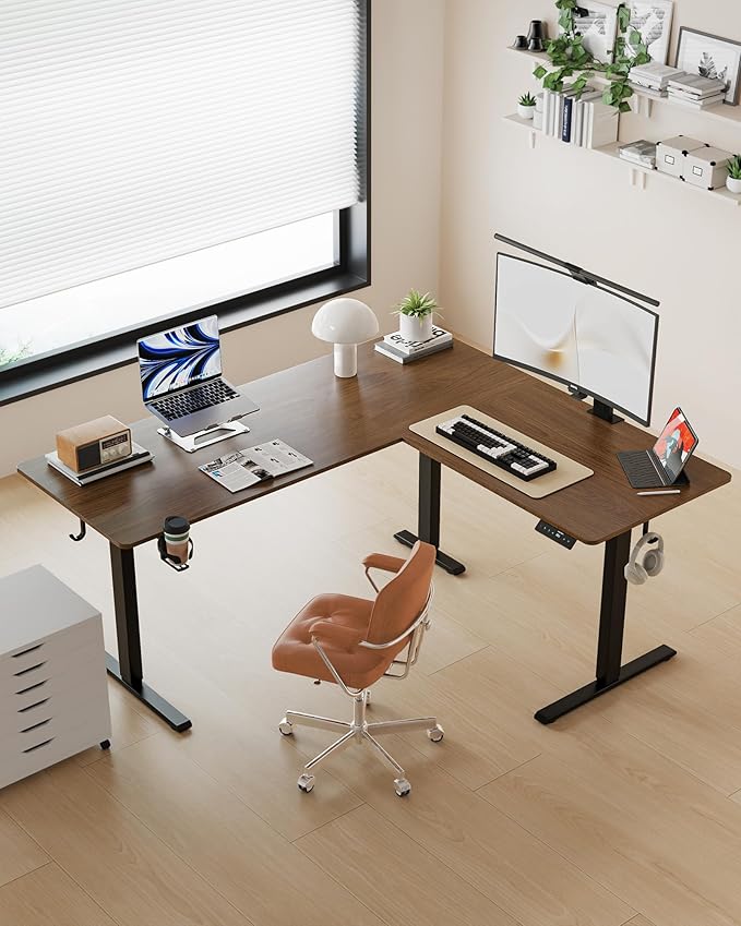 63 Inches Reversible L Shaped Standing Desk for Home Office, Electric Height Adjustable Corner Computer Desk, Sit Stand up Table with Cup Holder, Ergonomic Gaming Desk, Black Walnut