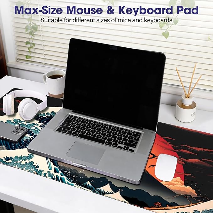 Japanese Sea Wave Large Gaming Mouse Pad – 35.4" x 15.7" Full Desk Mat, Non-Slip Rubber Base, Stitched Edges, Waterproof, Durable Surface for Esports, Office, Home