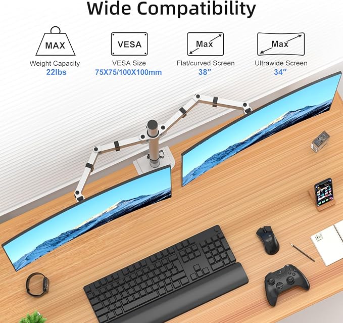 Suptek Dual Monitor Desk Mount, Adjustable Dual Monitor Arm for 2 Monitor Screens up to 38 inch, Extra Tall 15.75" Pole Monitor Stand for Desk, Holds up to 22 lbs,Silver(MD9442MS)
