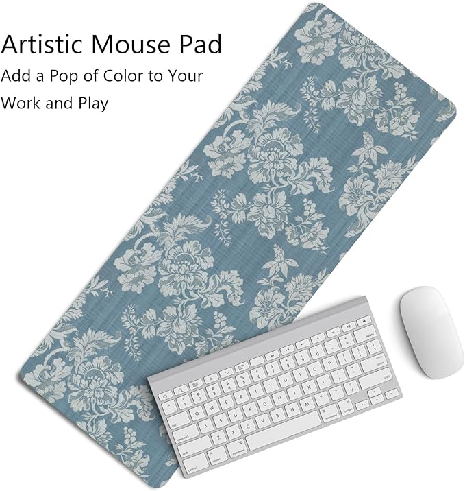 Blue Chinoiserie Mouse Pad,Vintage Blue and White Floral Desk Mat,Big Large Vintage Floral Preppy Trendy Mouse Pad,Girly Gaming Mousepad,Girly Laptop Desk Mat for Dorm Home Office,31.5x11.8In