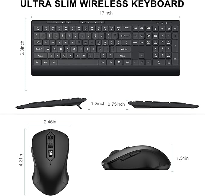 Wireless Keyboard and Mouse Combo, Full Size Quiet Key Computer Keyboard and Cordless Mice with 3 DPI Adjustable, 2.4G Lag-Free, Long Battery Life, Compatible with Windows and Mac Systems
