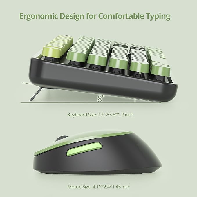 Black Green Keyboard and Mouse Combo Wireless, 2.4G Full Size 104-Key Retro Typewriter Keyboards Round Keys for Students Teenagers Home Office PC Laptop(Dark Green)