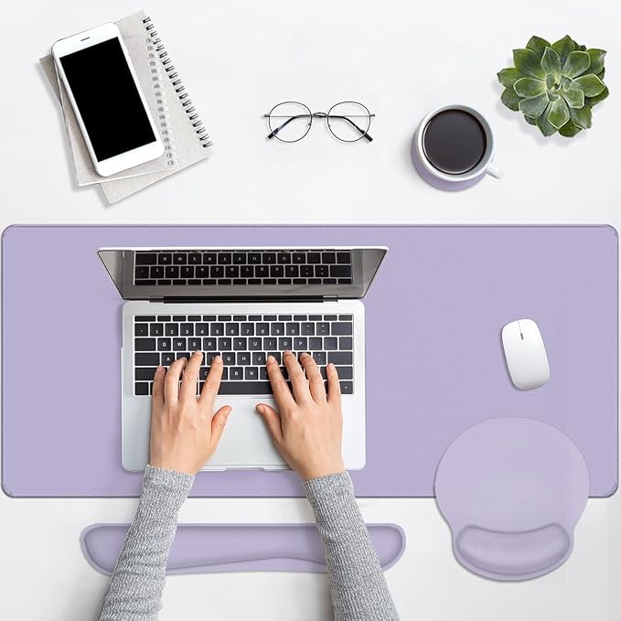 Britimes Purple Keyboard Mouse Pad Set 4 in1 Large Mousepad+Keyboard Wrist Rest+Mouse Wrist Rest+Coaster Ergonomic Design for Home Office Computer 35.4x15.7Inches