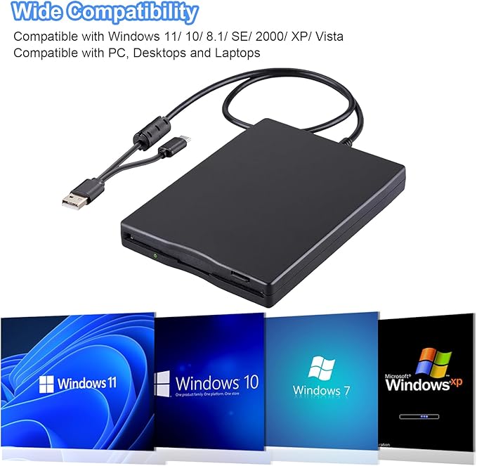 Tendak Floppy Disk Reader, 3.5 inch External USB & Type-C 1.44MB FDD Floppy Disk Drive for Windows 11/10/8/7/2000/XP, Vista, PC, Laptop and Desktop, Plug and Play, Black