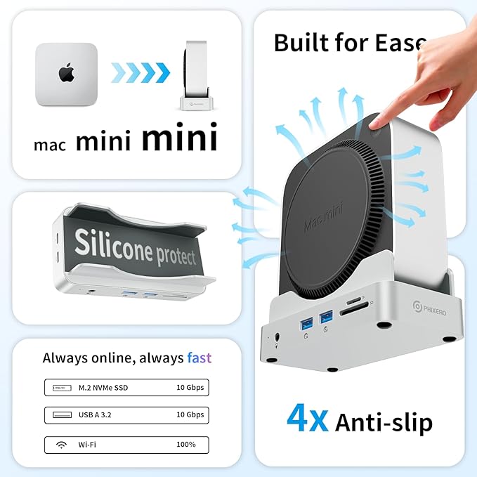 PHIXERO PSE Dock Stand for Mac mini M4 with 1TB NVMe SSD, 6-in-1 Aluminum Hub, 10Gbps USB-A, SD/TF Reader, Stand Docking Station for Mac mini M4/M4 Pro