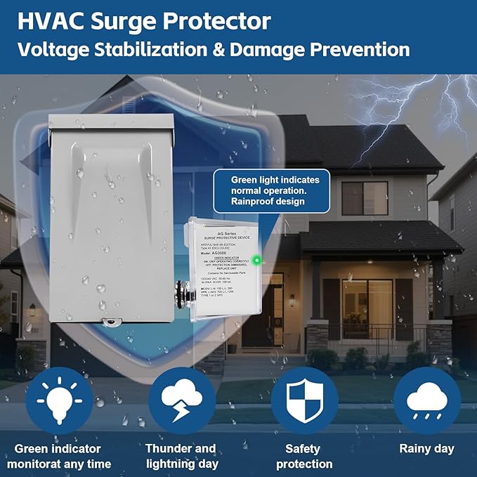 AG3000 HVAC Surge Protector 120/240V, 3-Mode Mini Split Surge Protective Device with TPMOV Technology, Type 4X Watertight Enclosure Lightning & Surge Protection for AC, Furnace, HVAC Equipment
