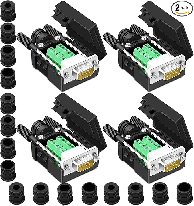 4PCS DB9 Male Breakout Connector,DB9 Solderless RS232 D-SUB Serial to 9-pin Port Terminal Adapter Connector Breakout Board with Case Long Bolts Tail Pipe