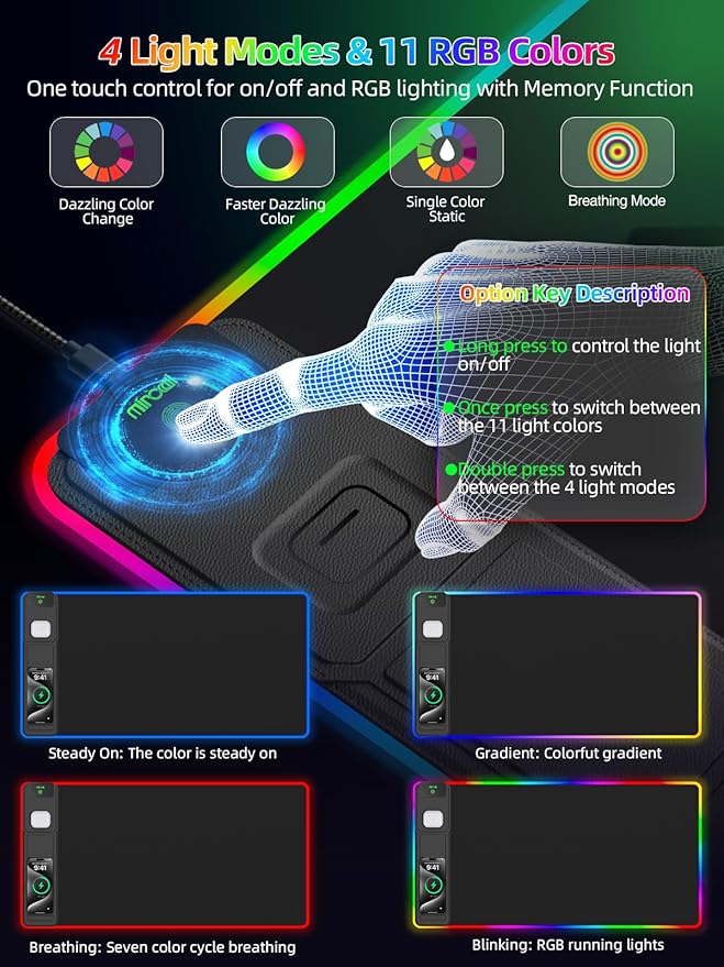 Mouse Pad with Wireless Charger Foldable Phone Holder, XXL RGB Gaming Mousepad 31.5"x15.8" Large Desk Mat for Keyboard, Black Desk Pad with Dual Qi Charging Station, 11 Colors 5 Modes