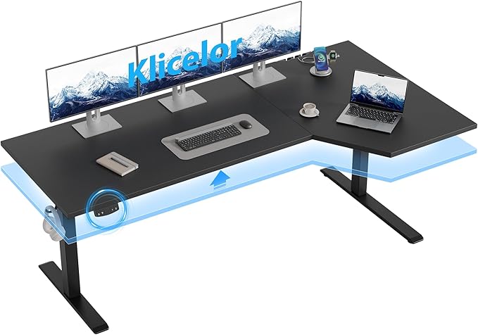 Klicelor 63 Inch L Shaped Standing Desk, Adjustable Height Corner Desk for Home Office Workstation, Sit Stand Desk with Two-Piece Desktop, Black