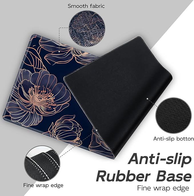 Gaming Mouse Pad Set Rose Gold Line Art Flowers Large Desk Mat Mousepad, Keyboard Wrist Support, Mouse Wrist Rest, Coaster 4in1 Ergonomic Memory Foam, Non-Slip Stitched Edge for Home Office