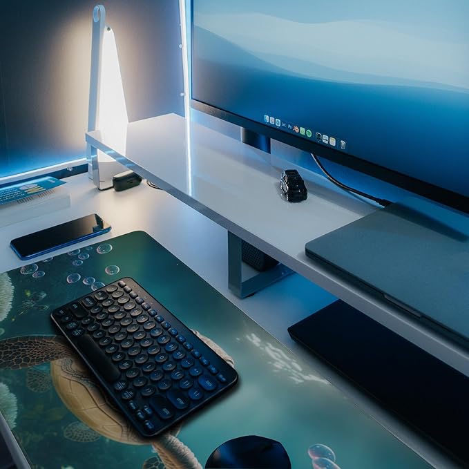 Desk Mat, Cute Turtle Smiling Under The Sea Extended Gaming Mouse Pad Large, 35.4"x15.7" Big Mouse Pad with Non-Slip Base and Stitched Edge, Long Computer Keyboard Mouse Mat for Home Office Work