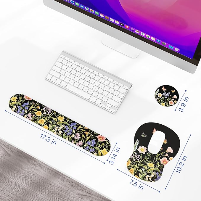 Ospelelf Keyboard Wrist Rest Set with Ergonomic Mouse Pad - 3-in-1 Memory Foam Support for Pain Relief, Office & Gaming with Coaster Black Garden