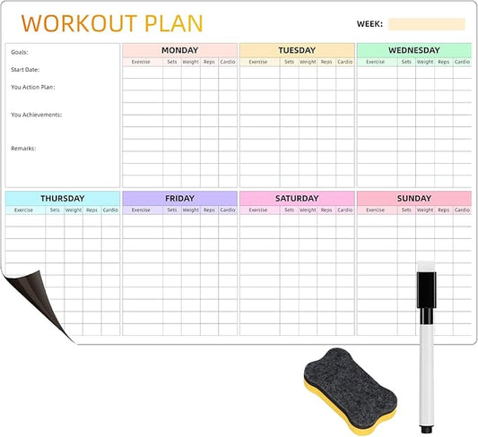Workout Plan Dry Erase Magnetic Whiteboard for Refrigerator-Weekly Fitness Tracker Gym Exercise Tracker Schedules and Checklists