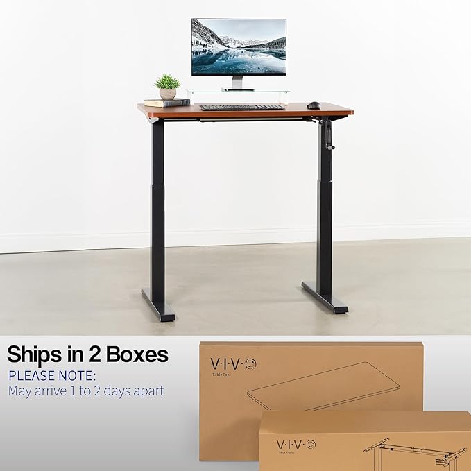 VIVO Manual Height Adjustable 43 x 24 inch Stand Up Desk, Dark Walnut Solid One-Piece Table Top, Black Frame, Standing Workstation with Foldable Handle, DESK-KIT-MB4D