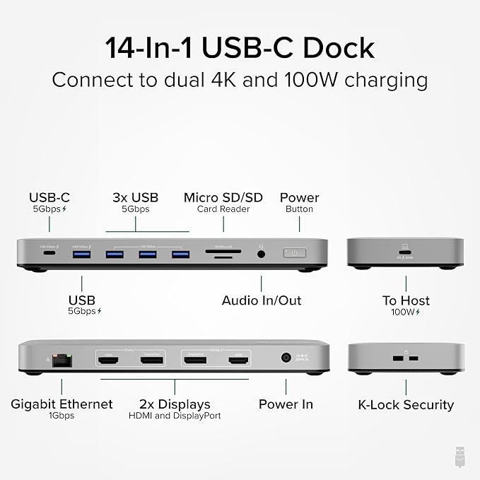 Plugable USB C Laptop Docking Station, Dual Monitor 4K 60Hz for Apple Mac M1/M2/M3/M4/M5/Neo, 2X HDMI or DisplayPort for MacBook, 100W Charging DisplayLink Dock, Driver Install Required (UD-6950PDH)