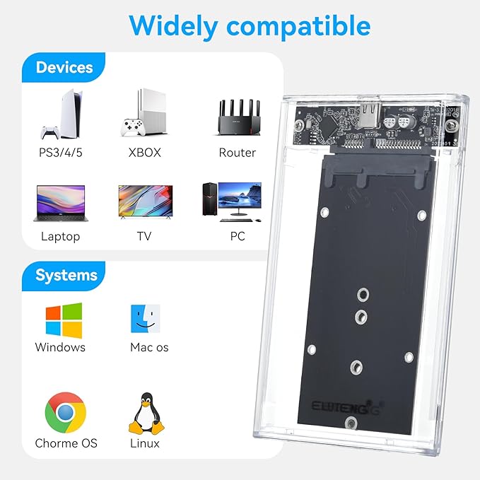 ELUTENG 2.5'' Hard Drive Enclosure 5Gbps USB 3.0 to SATA External Hard Drive Enclosure Tool Free Hard Drive Case for 7mm 9.5mm HDD SSD 4TB Capacity Support UASP Compatible with WD Seagate Samsung