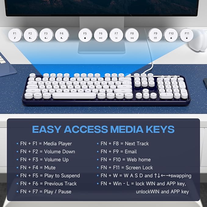 Computer Keyboard Wired, Plug Play USB Retro Round Typewriter Keyboard, Full Size Wired Keyboard with Foldable Stands for Laptop and Office PC
