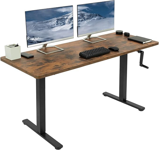 VIVO Manual Height Adjustable 60 x 24 inch Stand Up Desk, Rustic Vintage Brown Solid One-Piece Table Top, Black Frame, Standing Workstation with Foldable Handle, DESK-KIT-MB6N