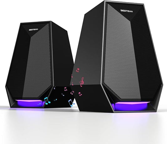 BESTISAN Computer Gaming Speakers for Desktop PC - 30W Powered Monitor Speakers with Bluetooth/AUX/Type-C Connections, 6 Colorful Lights, Compatible with Monitor, Gaming Setup & Laptop