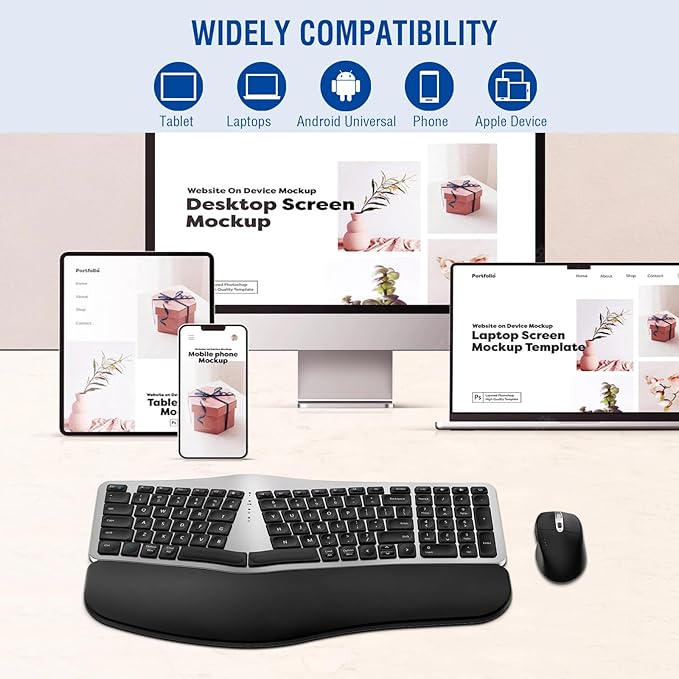 MK960 Ergo Wireless Keyboard Mouse Combo, Bluetooth/2.4G Split Design Keyboard with Palm Rest and 4 Level DPI Adjustable Wireless Mouse, Multi-Device, Rechargeable, for Windows/Mac/Android(Silver)