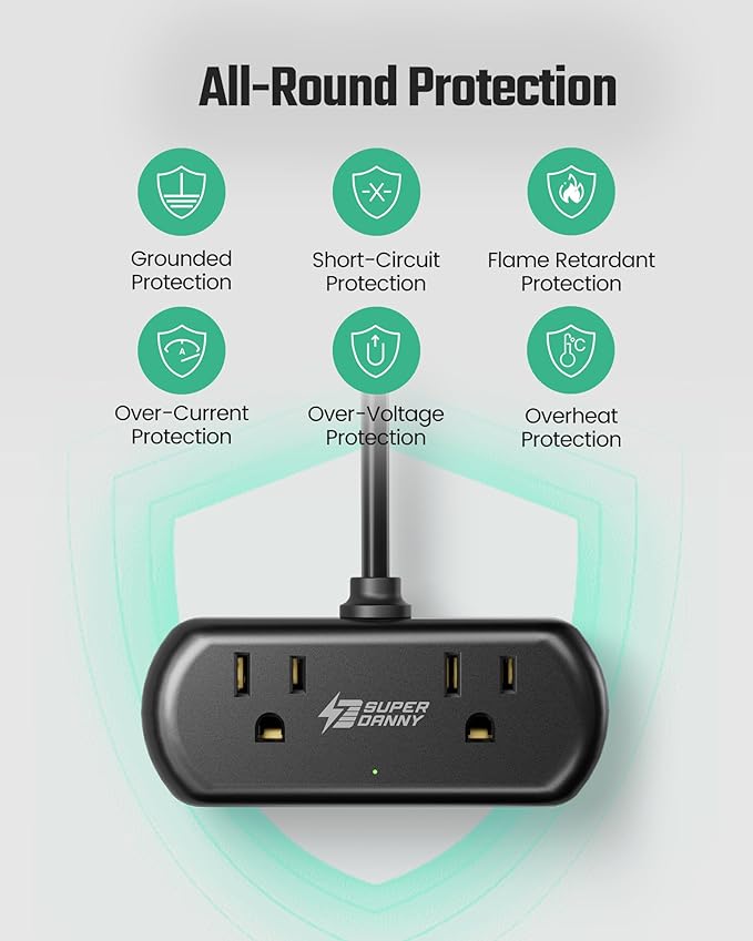 SUPERDANNY Power Strip with USB, 9.8ft Mini Desktop Charging Station with 2 Wide-Spaced Outlets & 4 USB Ports, Portable Flat Plug Extension Cord for Travel, Dorm, Room, Home Office Essentials, Black