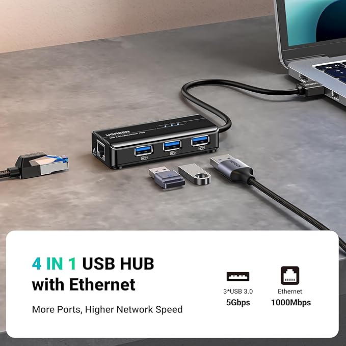 UGREEN USB 3.0 Hub Ethernet Adapter 10 100 1000 Gigabit Network Converter with 3 USB 3.0 Ports Hub Compatible with Laptop PC MacBook Mac mini Surface XPS Windows Linux macOS, and More