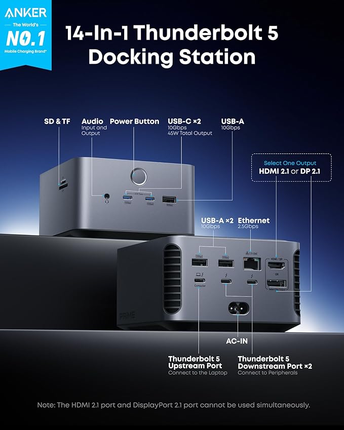 Anker Prime TB5 Docking Station, 14 Ports Thunderbolt 5 Docking Station with 140W Max Charging &Anker Prime TB5 240W USB C to USB C Cable