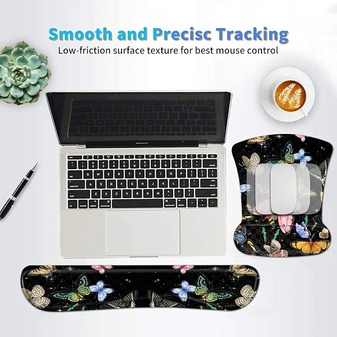 Ergonomic Mouse Pad with Wrist Support Gel Mouse Pads and Upgrade Keyboard Wrist Rest Pad Set, Coasters Non-Slip PU Base Mouse Mat for Office Gaming Computer Laptop Home, Glitter Butterfly