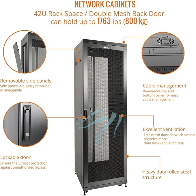 Tecmojo Fully Assembled 42U Network Cabinet AV Rack Black 31.5inch DEEP 4 Post Server Equipment Rack Enclosure，Server Cabinet for 19 inch Equipment with Casters/Locking MESH Doors Side Panels