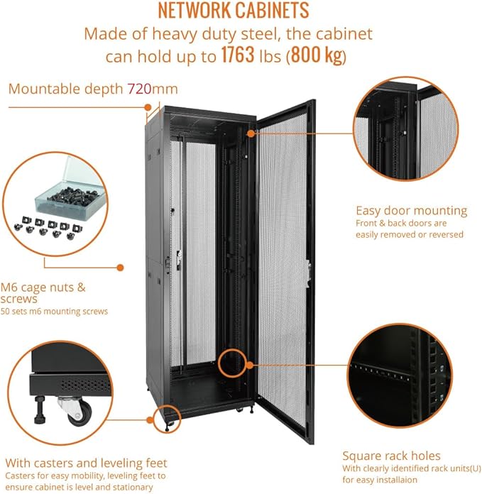Tecmojo Fully Assembled 42U Network Cabinet AV Rack Black 31.5inch DEEP 4 Post Server Equipment Rack Enclosure，Server Cabinet for 19 inch Equipment with Casters/Locking MESH Doors Side Panels