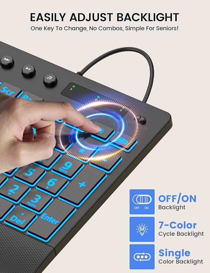 SABLUTE K31PRO Wired Keyboard with Large Print, Backlight Memory Function, Light up Computer Keyboards with Phone Holder & Wrist Rest, Quiet Keyboards for PC Laptop
