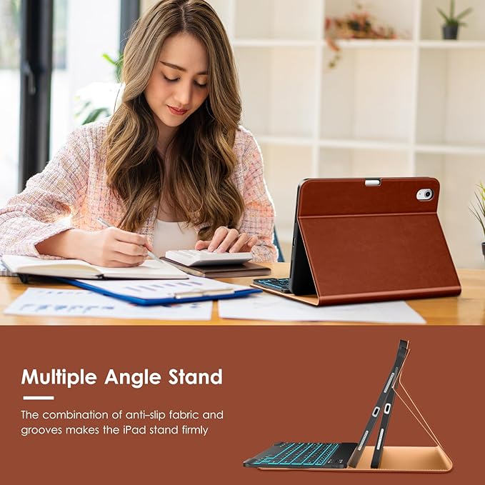 VIKESI Keyboard Case for iPad (A16,2025) 11th Generation/iPad 10th Generation Case (10.9" 2022),Premium Leather Smart Cover,Built-in Breathing Light,Function Row,Pencil Holder,Card Slots - Tea Brown