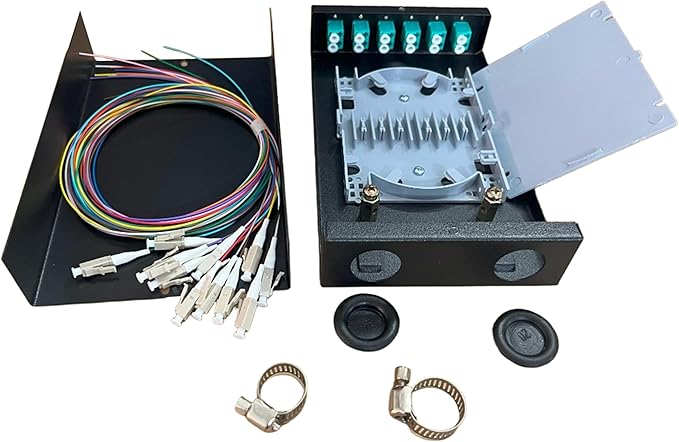 6-Port Fiber Optic Wall Mount Enclosure, OM3 Multimode LC-UPC, 12-Core Box with Pigtails, Black