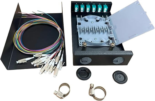 6-Port Fiber Optic Wall Mount Enclosure, OM3 Multimode LC-UPC, 12-Core Box with Pigtails, Black