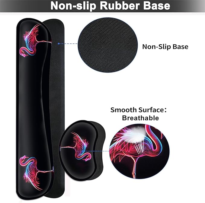 Large Mouse pad and Keyboard Support Set, Ergonomic Memory Foam Keyboard Wrist Rest, Extended Gaming Mouse Pad with Stitched Edges, Pink Flamingo Black XXL Desk Mat (31.5 X 11.8 in)