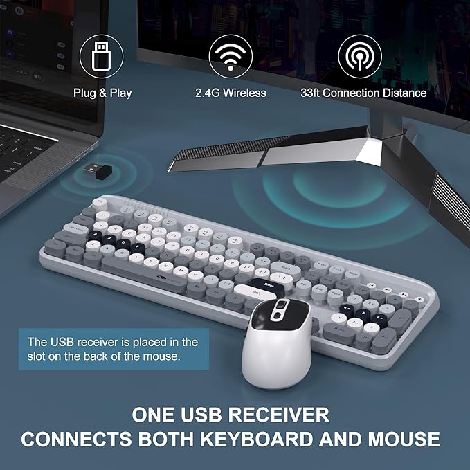 MageGee V920 Wireless Keyboard and Mouse Combo, 2.4G Full-Sized Retro Typewriter Keyboard with Round Keycaps & Auto-Sleep Mode, Cute Computer Keyboard and Cordless Optical Mouse for Laptop/PC (Gray)