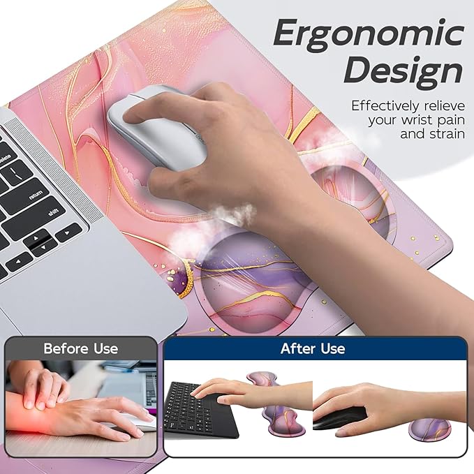Gaming Mouse Pad Set Turquoise White Cherry Large Desk Mat Mousepad, Keyboard Wrist Support, Mouse Wrist Rest, Coaster 4in1 Ergonomic Memory Foam, Non-Slip Stitched Edge for Home Office