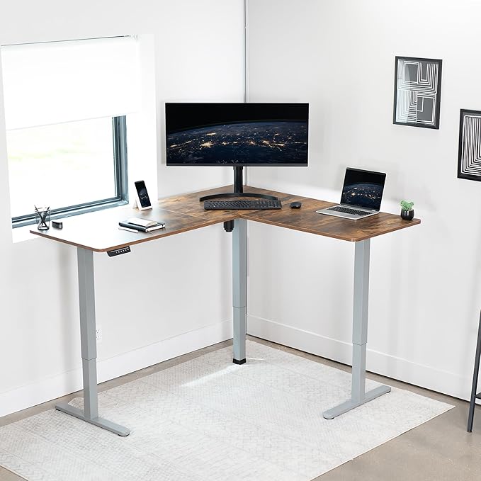 VIVO Corner Standing Desk, 63 x 55 inch Reversible L-Shaped Workstation, Electric Height Adjustment, Home, Office, and Reception Rooms, Rustic Vintage Brown Table Top Gray Frame, DESK-E3CTGN