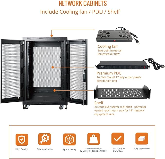 Tecmojo Fully Assembled 18U Network Cabinet AV Rack Enclosure with Casters/Locking Doors with Dual Fan, PDU and Cantilever Shelf (31.5inch DEEP Mesh Door)