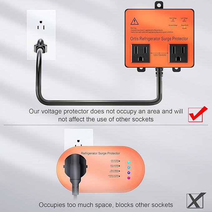 Refrigerator Surge Protector, Ortis Double Outlet Voltage Protector for Home Appliances with Time Delay, Protects Against Brownout, Spike, Instant Surge All Voltage Abnormalities, black