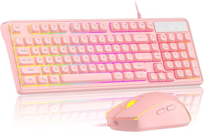 Camiysn Wire Gaming Keyboard, 7 Colorful Rainbow Backlight Classic Gaming Keyboard (Pink-Set)