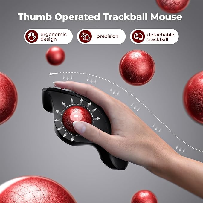 seenda Wireless Trackball Mouse, Bluetooth - Ergonomic Rollerball Mouse Rechargeable, 3 Device Connection Optical Mice Adjustable DPI Thumb Control Mice Compatible for Mac/Android/Windows - Black&Red