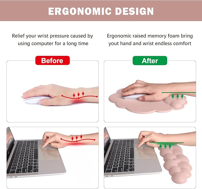 Cloud Keyboard Wrist Rest and Mouse Pad with Wrist Support Set, Ergonomic PU Leather Mouse Pads, Memory Foam Non-Slip Mousepad for Computer,Laptop, Light Pink Cloud