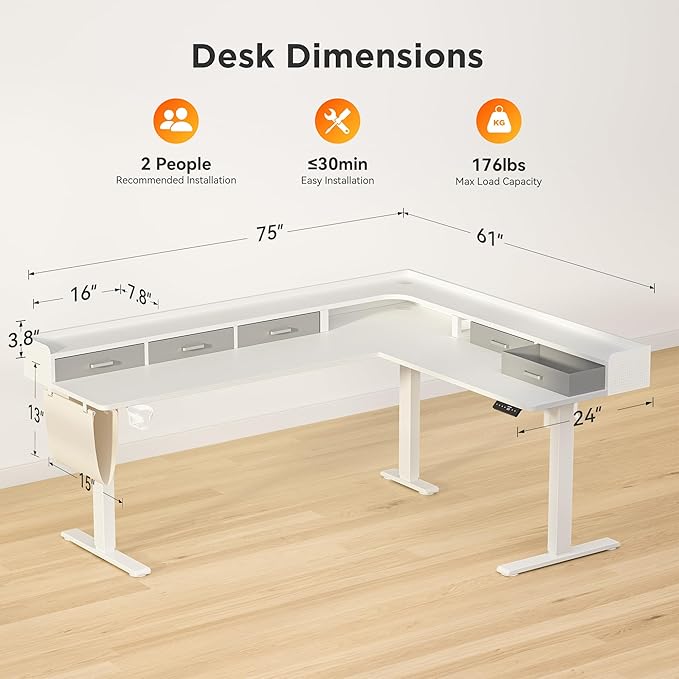 75 Inches Height Adjustable L Shaped Standing Desk with 5 Drawers and Monitor Shelf, Electric Sit to Stand Home Office Comupter Table, Ergonomic Corner Gaming Desk, White