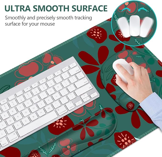 Large Mouse Pad with Wrist Support 4 in1 Set, XXL Big Game Mousepad + Keyboard Wrist Rest+Mouse Wrist Rest+Coaster Ergonomic Design Gaming Mat for Home Office Table Computer I Green Flowers