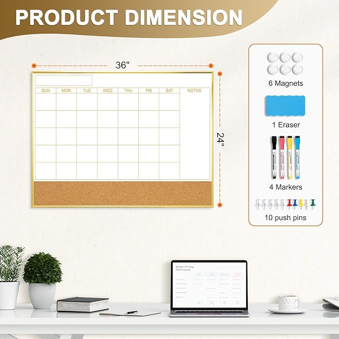Large Dry Erase Calendar Whiteboard for Wall, 36'' x 24'' Magnetic Monthly White Board with Cork Board, Gold Aluminum Frame Memo Board for Home, Office, School