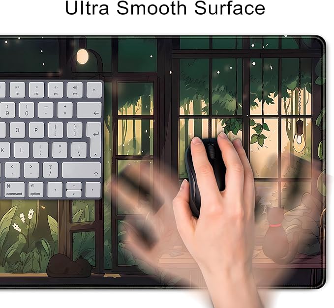 Cute Lofi Desk Mat Green Plants Mouse Pad Large Black Cat Aesthetic Desk Pad Kawaii Anime Extended Gaming Mousepad XL Laptop Keyboard Mouse Mat Deskmat 31.5"x11.8" Cute Office Decor