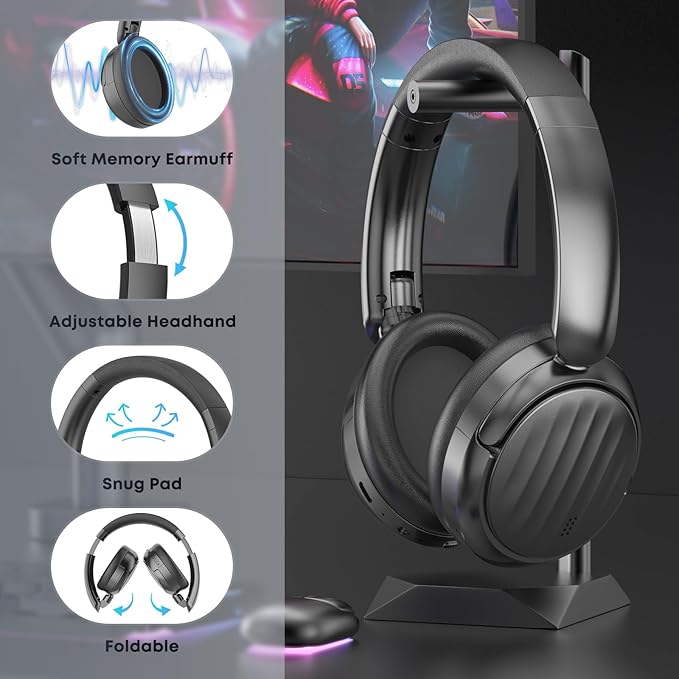Bluetooth Headphones with Active Noise Cancelling (ANC), Wireless Over Ear Bluetooth Headsets with 35H Playtime, HiFi Stereo Foldable Headphones with Foam Ear Cups for Sports, Travel, Black